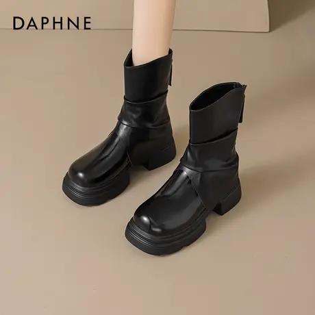 达芙妮黑色裤管堆堆靴女2025夏季新款厚底中筒马丁靴辣妹牛仔短靴商品大图