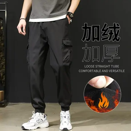 工装裤潮牌男秋款加绒加厚黑色束脚裤子大码宽松九分裤秋冬冲锋裤商品大图