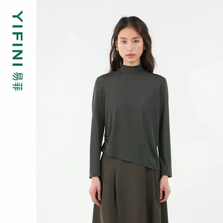 [专柜同款]Yifini/易菲半高圆领修身打底T恤女百搭单穿长袖上衣秋商品大图