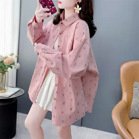卡通小人印花长袖衬衫女春季2025年新款宽松休闲百搭减龄外套上衣图片