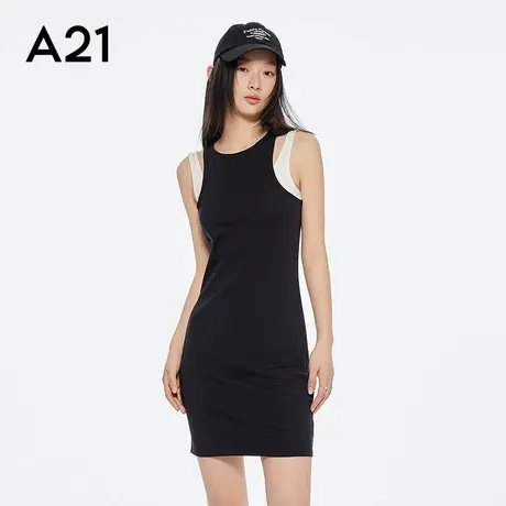 A21女装拼接撞色假两件小黑裙慵懒风高腰圆领连衣裙显瘦修身图片