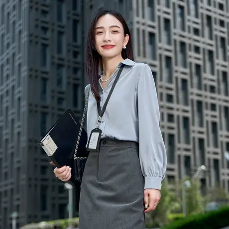 娅丽达高级职业缎面蓝色衬衫女秋季新款女装翻领垂感显瘦气质衬衣商品大图