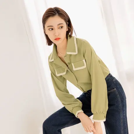 桔熊春秋季通勤设计感毛边拼接口袋长袖衬衫上衣女装大码AB16673商品大图