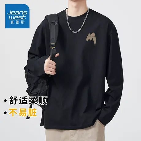 KZH真维斯黑色长袖T恤男秋季新款宽松上衣痞帅重磅印花休闲打底衫图片
