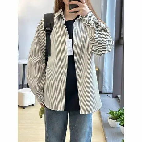 日系复古条纹长袖衬衫男女秋季穿搭大码高级感衬衣情侣装休闲外套商品大图