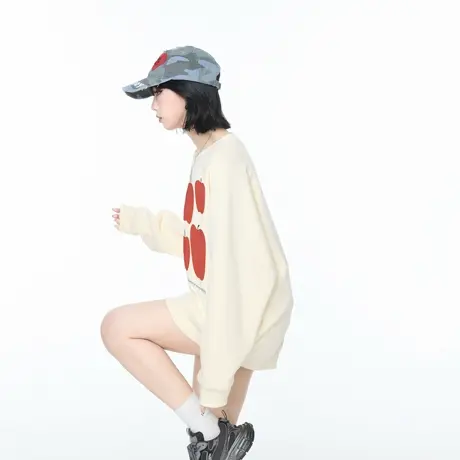 美式复古苹果印花卫衣外套女秋季2025新款潮牌宽松圆领套头上衣商品大图