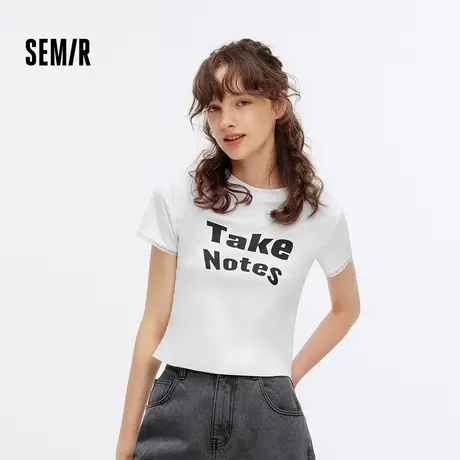 森马短袖T恤女短款修身拼接蕾丝上衣简约夏休闲字母衣服潮流个性商品大图