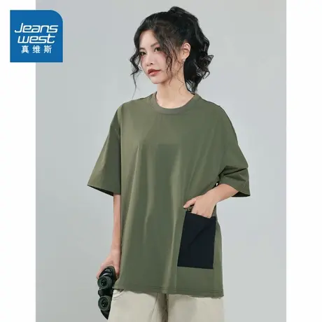 LY真维斯女装宽松拼色短袖T恤 2025秋季新品 女休闲圆领小众上衣商品大图