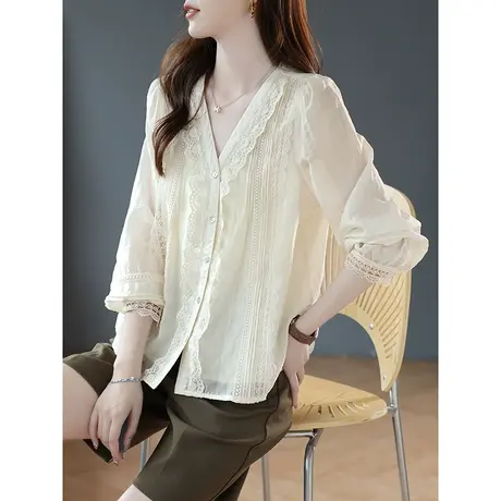 宝诗黎V领刺绣蕾丝长袖衬衫2023早秋新款纯色宽松天丝衬衣女休闲商品大图