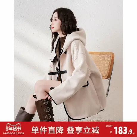 唐狮秋冬新款仿羊羔毛外套女连帽撞色超好看宽松时尚上衣爆款W1商品大图