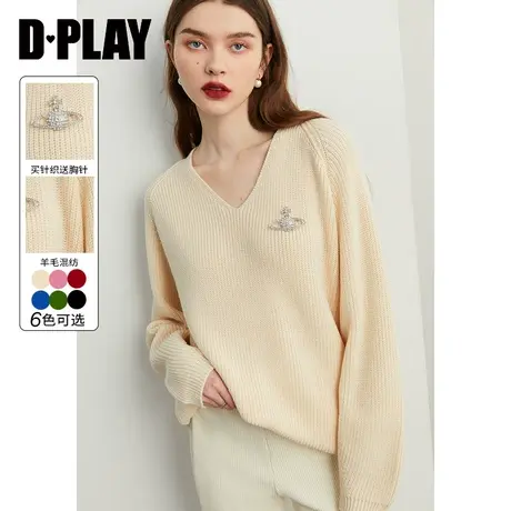 DPLAY2023秋装新慵懒风厚实保暖宽松V领插肩袖奶油杏套头毛衣图片