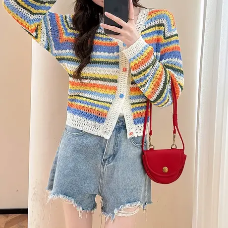 唐狮秋冬季女毛衣减龄风彩条设计长袖开衫可爱短款镂空毛线衫tu商品大图