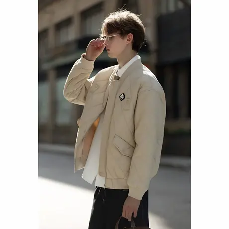 唐狮秋冬季男棒球领短款棉衣菱形格设计感时尚百搭黑色棉服TUTA图片