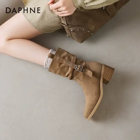 达芙妮褶皱堆堆靴女2026新款秋春美拉德中筒靴粗跟西部牛仔靴短靴商品大图