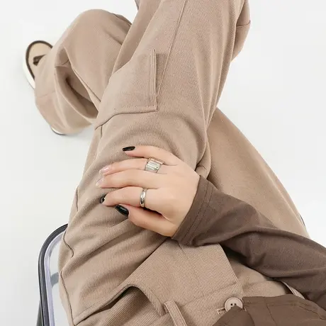 卡其色工装裤女2023新款秋季显瘦裤子休闲裤高腰阔腿裤窄版直筒裤商品大图