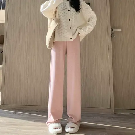 粉色羊绒阔腿裤女冬季加绒加厚高腰垂感窄版直筒高级感拖地裤子商品大图