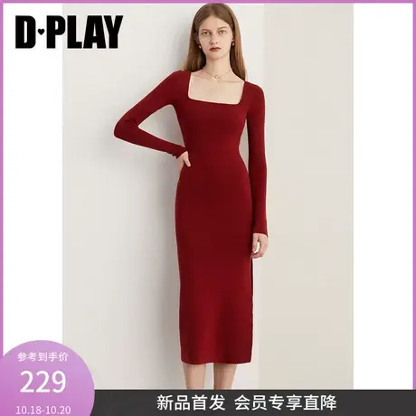 DPLAY2023冬新复古优雅红色修身长款大方领侧开衩针织连衣裙图片