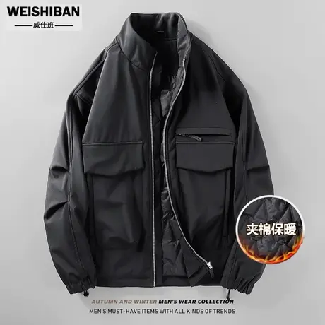 冬季轻奢风男士加绒加厚夹克男保暖飞行员外套高级感立领口袋棉服图片