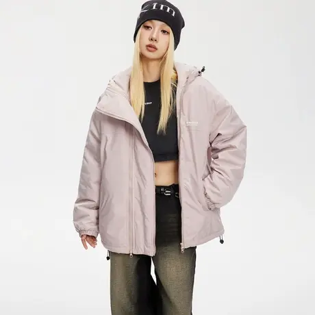 潮牌双拉链设计感连帽棉服女冬季加厚外套2023年新款复古宽松棉衣商品大图