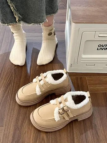 英伦风加绒小皮鞋女2023秋冬新款粗跟厚底羊羔毛棉鞋一脚蹬乐福鞋商品大图