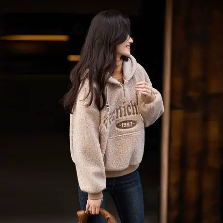 时尚气质休闲卫衣2023年冬季新款百搭连帽加绒加厚显龄皮草上衣商品大图