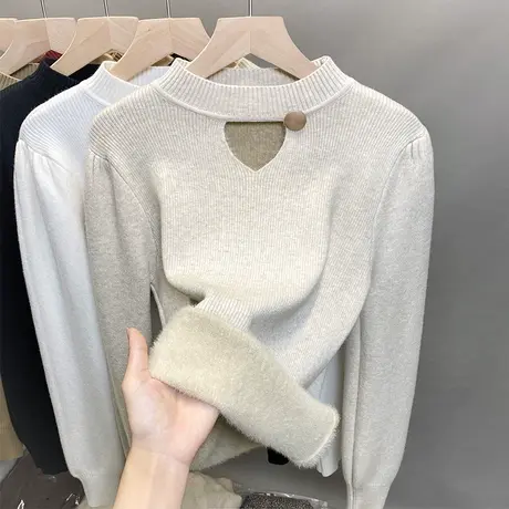 一体绒半高领毛衣女加绒加厚打底衫2023秋冬新款针织衫内搭上衣潮商品大图