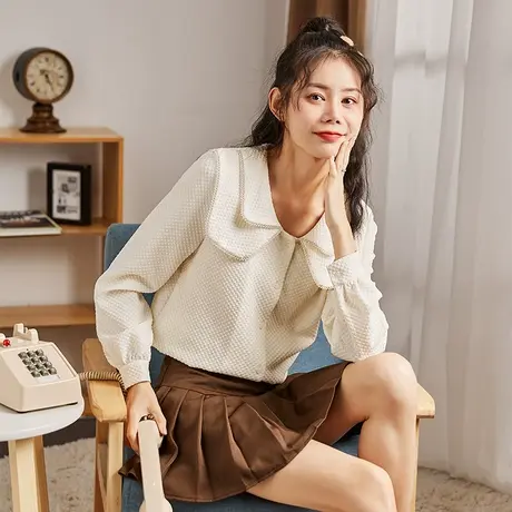 唐狮黑色衬衫女春秋季新款法式双层娃娃领长袖衬衣泡泡袖上衣图片