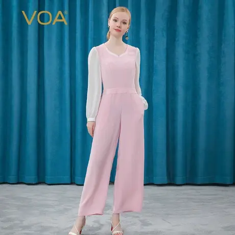 VOA30姆米重磅真丝桃心领乔其撞料拼接灯笼袖收腰桑蚕丝连体裤商品大图