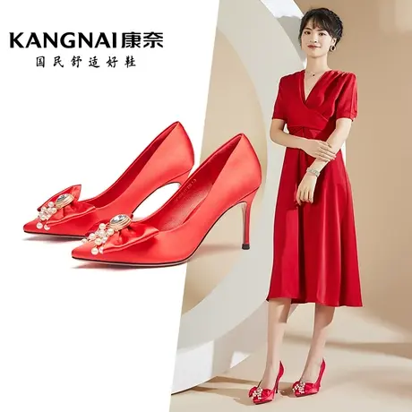 康奈官方女鞋时尚都市春秋季新款尖头套脚细跟高跟鞋宴会浅口单鞋图片