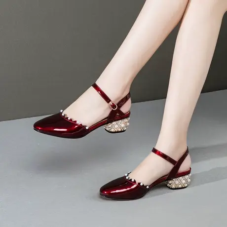 包头凉鞋女中跟小皮鞋粗跟真皮凉鞋2023年夏季新款珍珠跟四季单鞋商品大图