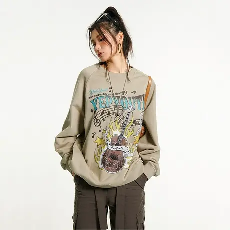 YEP美式复古圆领卫衣女春秋薄款宽松hiphop上衣小众设计感炸街商品大图