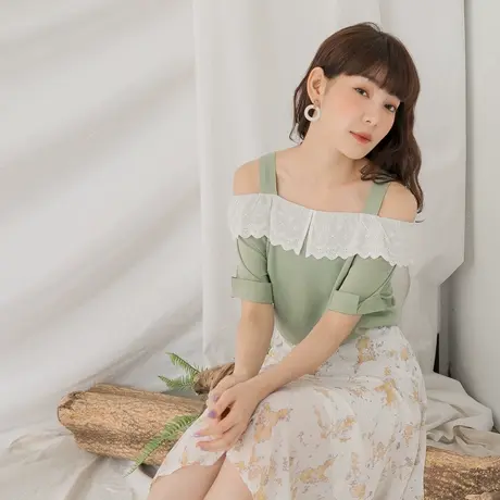 桔熊夏季蕾丝荷叶领吊带一字肩雪纺衫上衣女装胖mm大码AB12540图片