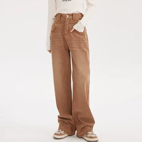 尔给2023早春新款潮牌高腰阔腿牛仔裤女美式复古高街梨形身材裤子图片