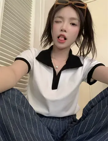 正肩polo领短袖t恤女夏季2023年新款宽松体恤翻领短款上衣服ins潮商品大图