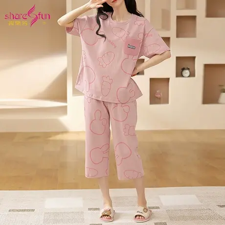 sharefun/霞黛芳纯棉减龄短袖七分裤睡衣女可外穿舒适家居服套装图片