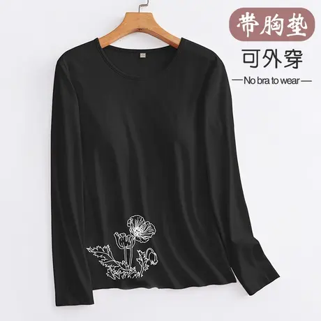 带胸垫长袖T恤棉古典印花休闲女秋图片
