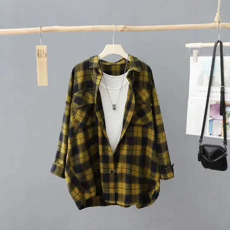 早春新款韩版宽松磨毛格子衬衫外套女长袖慵懒风大码衬衣女装上衣商品大图