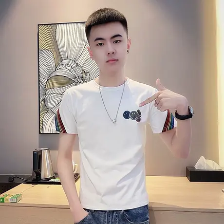 2024夏季男士t恤上衣短袖修身半袖学生潮流潮牌时尚休闲条纹体恤商品大图