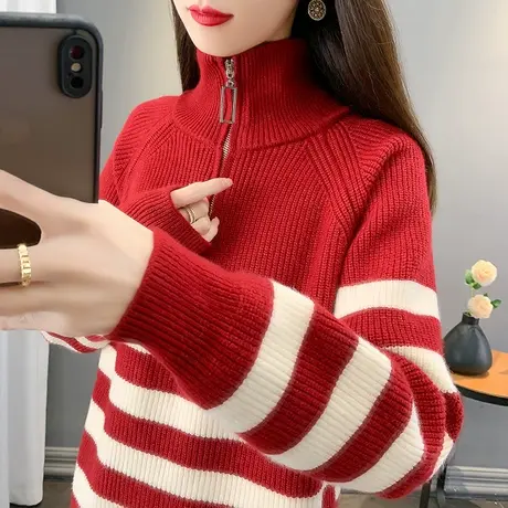 2023春装新款韩版宽松高领拉链针织衫毛衣上衣条纹女士百搭打底衫商品大图