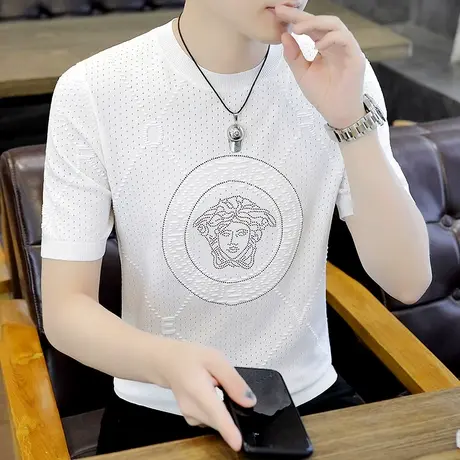 高端潮牌短袖t恤男夏季新款冰丝透气针织衫半袖烫钻美人头体恤薄T商品大图