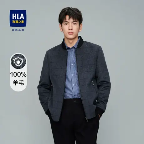 【棒球领】HLA/海澜之家纯羊毛夹克秋冬加厚保暖格纹爸爸外套男图片