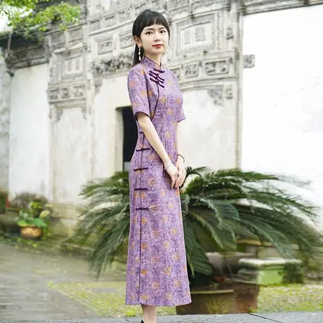 筠雅改良旗袍女中国风夏季短袖休闲复古民国风棉麻透气紫色裙子商品大图