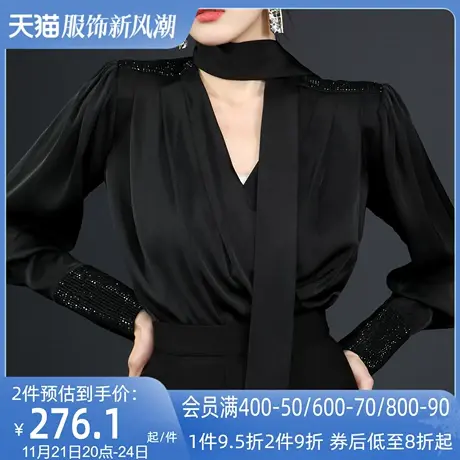 AUI黑色御姐炸街气质衬衫女2024春秋新款设计感上衣缎面高级衬衣图片