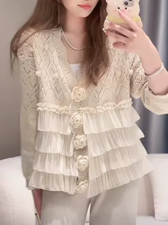 奶系小众设计感山茶花针织开衫女韩系气质V领温柔软糯拼接上衣洋图片