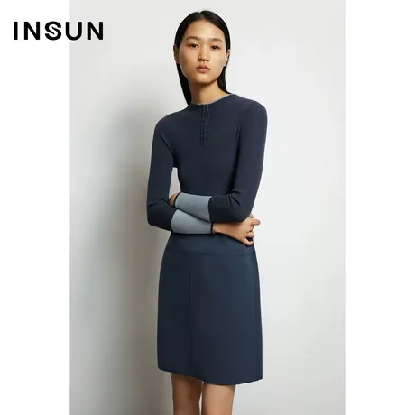 INSUN恩裳秋季桑蚕丝修身长袖撞色连衣裙图片