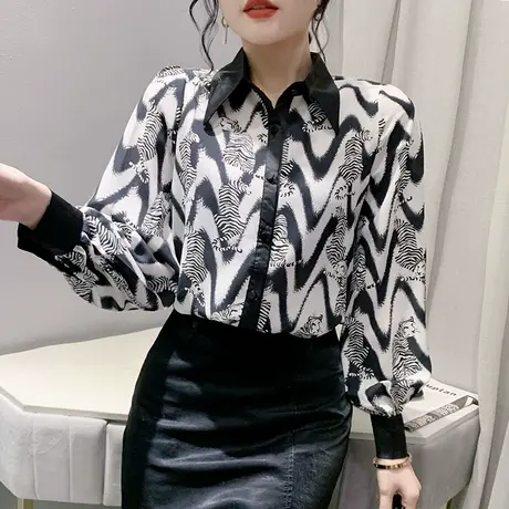 个性雪纺衬衫女长袖2024秋季新款拼色条纹POLO领上衣休闲显瘦小衫图片