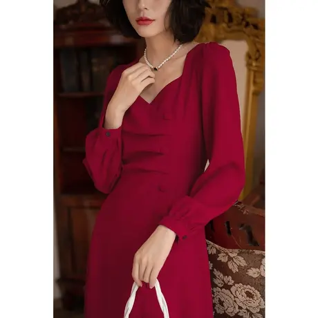 弥古红色连衣裙长裙女春秋内搭新年红裙子订婚小礼服高级感敬酒服图片