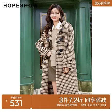 红袖outlets日系复古格纹双面呢外套hopeshow2022冬季款连帽大衣商品大图