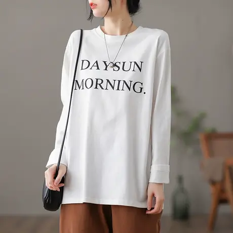 dza文艺复古白色纯棉打底衫女士春季新款长袖宽松t恤百搭体恤上衣商品大图