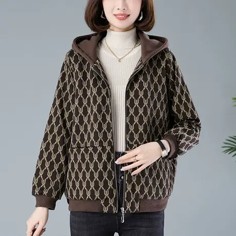 妈妈休闲加绒外套女冬装宽松大码女装中老年休闲加厚保暖连帽夹克商品大图